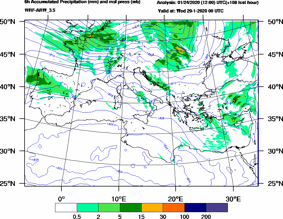 6h Accumulated Precipitation (mm) and msl press (mb) - 2020-01-28 18:00