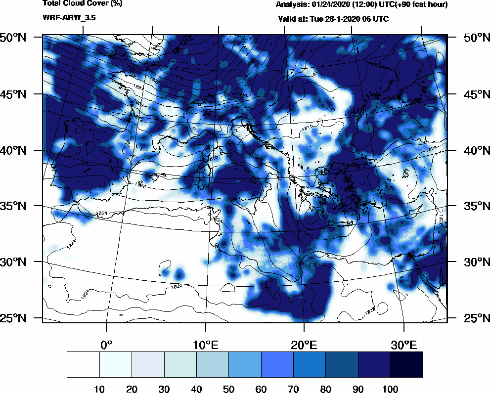 Total cloud cover (%) - 2020-01-28 00:00