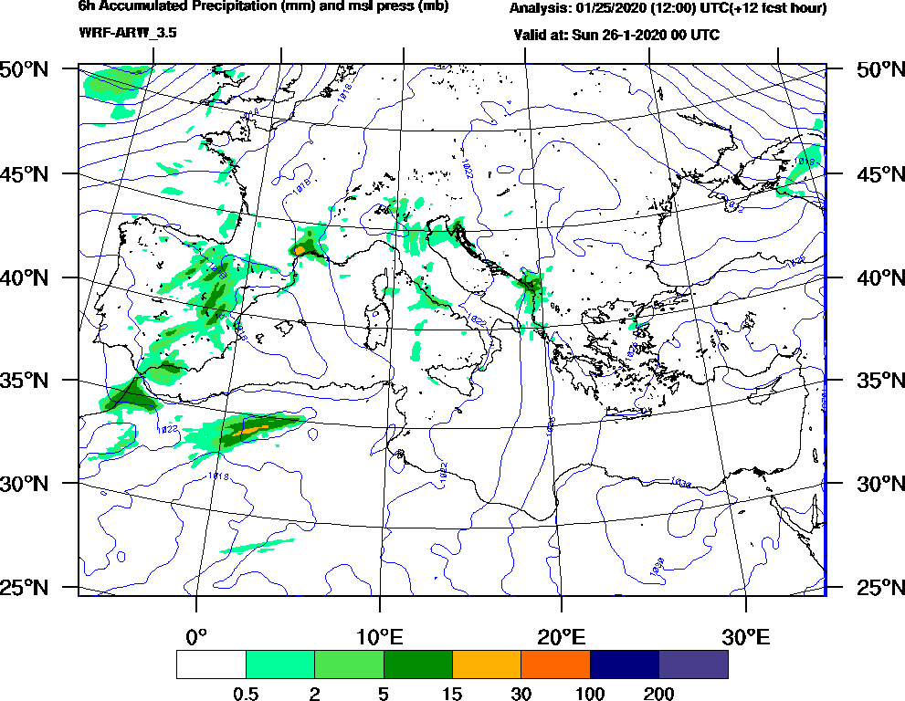 6h Accumulated Precipitation (mm) and msl press (mb) - 2020-01-25 18:00