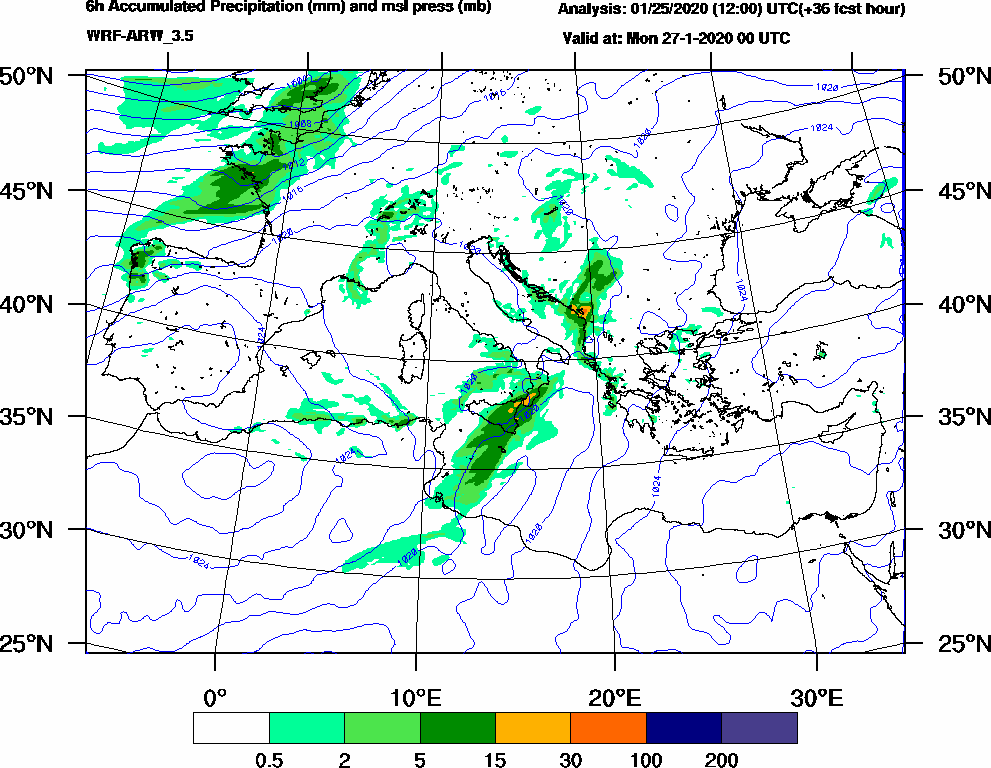 6h Accumulated Precipitation (mm) and msl press (mb) - 2020-01-26 18:00