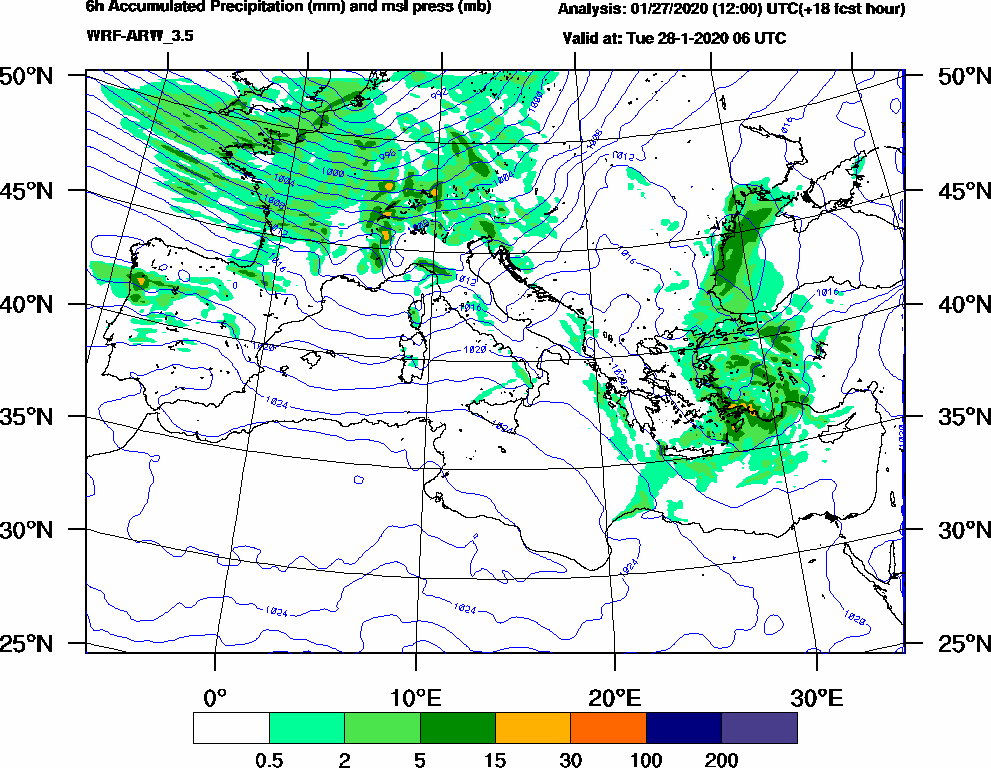 6h Accumulated Precipitation (mm) and msl press (mb) - 2020-01-28 00:00