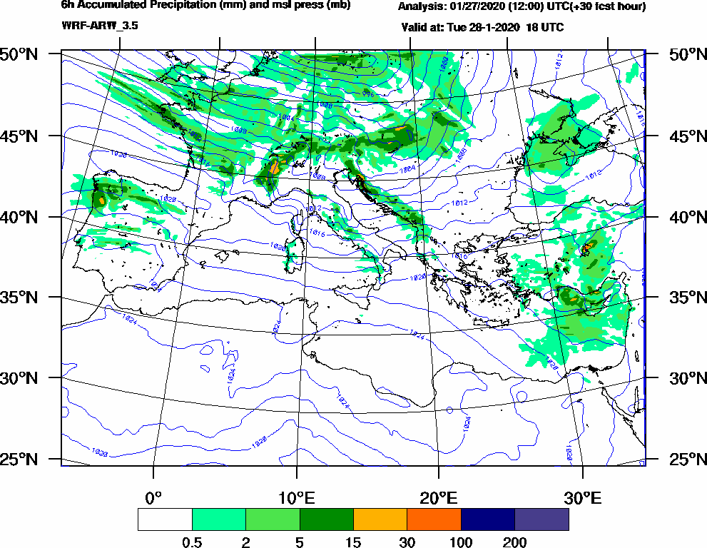 6h Accumulated Precipitation (mm) and msl press (mb) - 2020-01-28 12:00