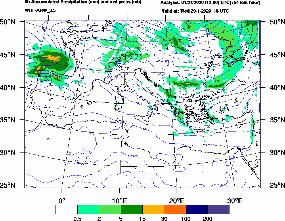 6h Accumulated Precipitation (mm) and msl press (mb) - 2020-01-29 12:00