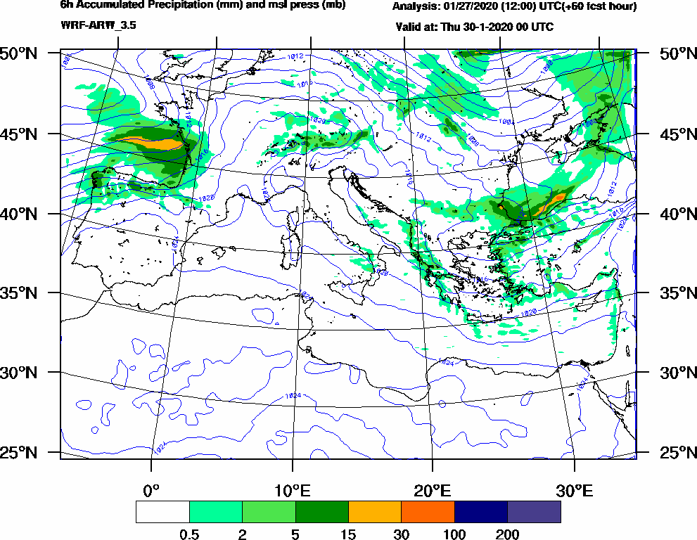 6h Accumulated Precipitation (mm) and msl press (mb) - 2020-01-29 18:00