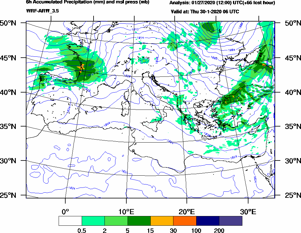 6h Accumulated Precipitation (mm) and msl press (mb) - 2020-01-30 00:00