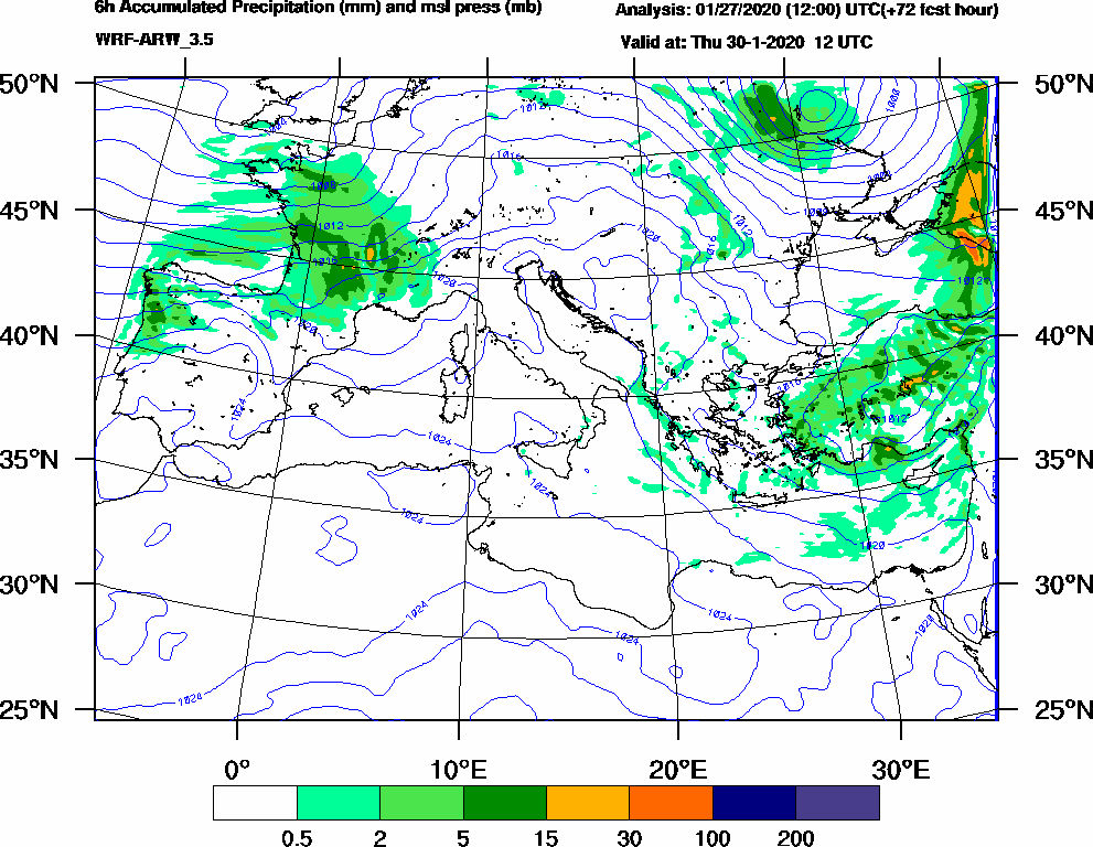 6h Accumulated Precipitation (mm) and msl press (mb) - 2020-01-30 06:00