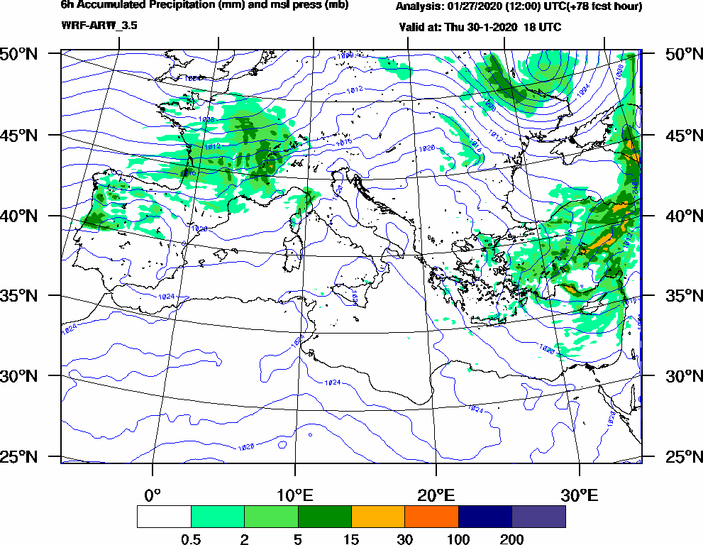 6h Accumulated Precipitation (mm) and msl press (mb) - 2020-01-30 12:00