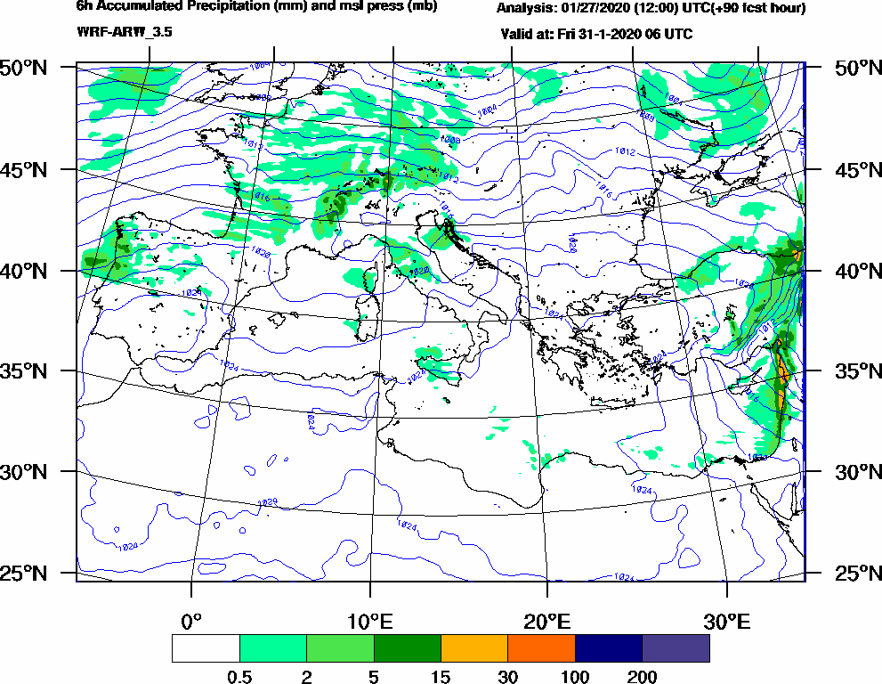 6h Accumulated Precipitation (mm) and msl press (mb) - 2020-01-31 00:00