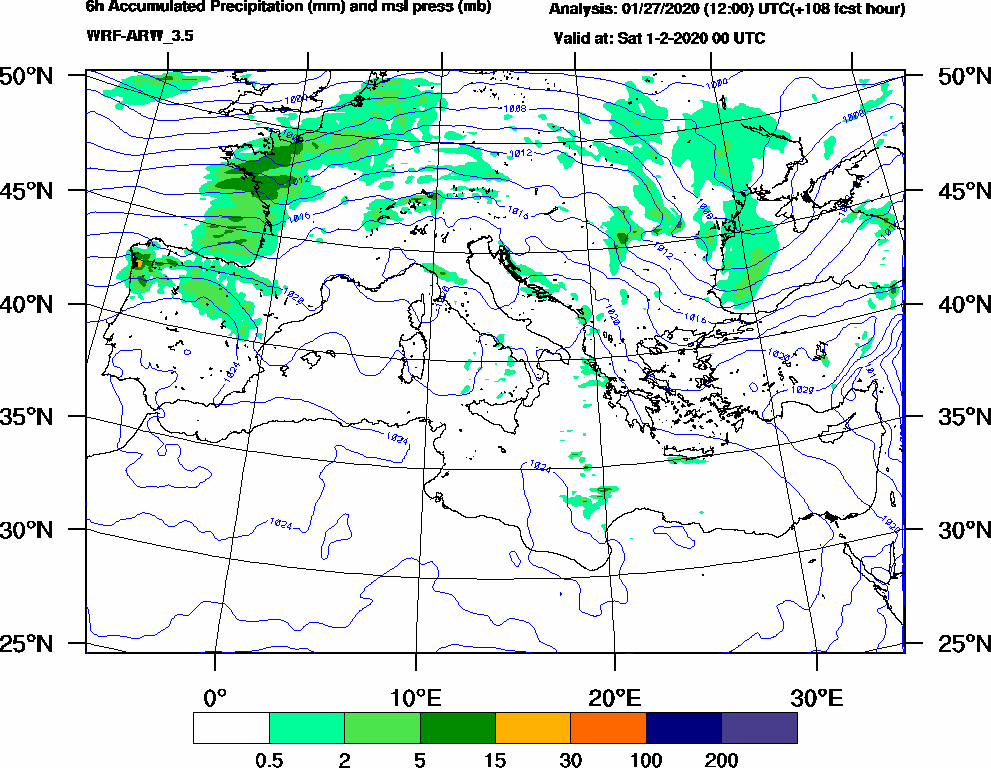 6h Accumulated Precipitation (mm) and msl press (mb) - 2020-01-31 18:00