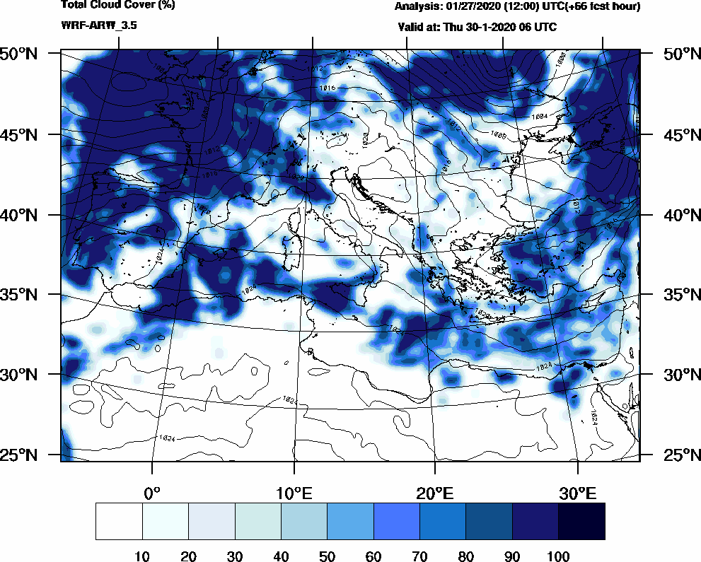 Total cloud cover (%) - 2020-01-30 00:00