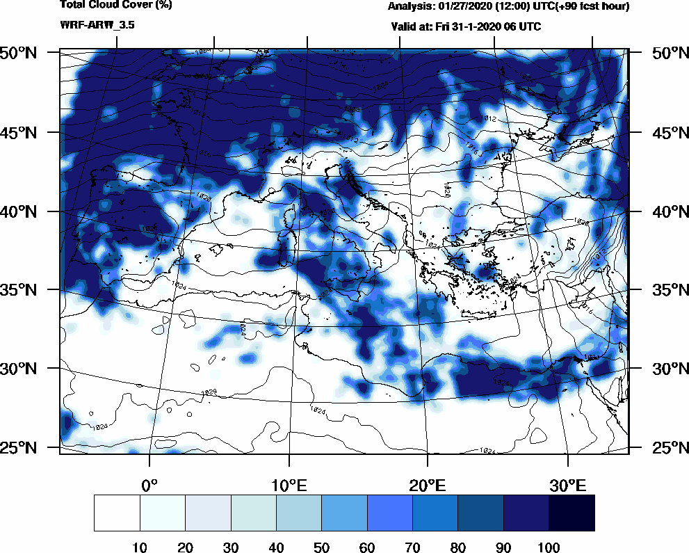 Total cloud cover (%) - 2020-01-31 00:00