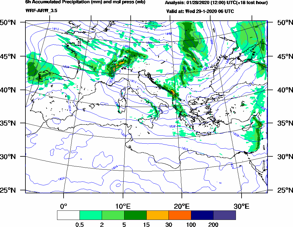 6h Accumulated Precipitation (mm) and msl press (mb) - 2020-01-29 00:00