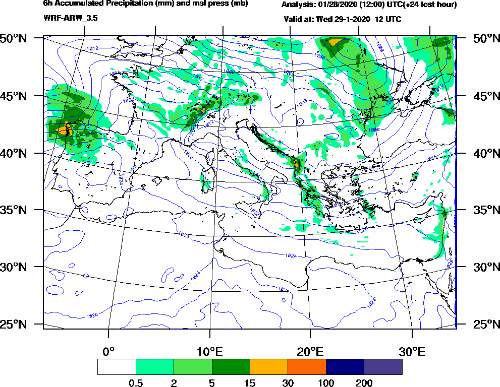 6h Accumulated Precipitation (mm) and msl press (mb) - 2020-01-29 06:00