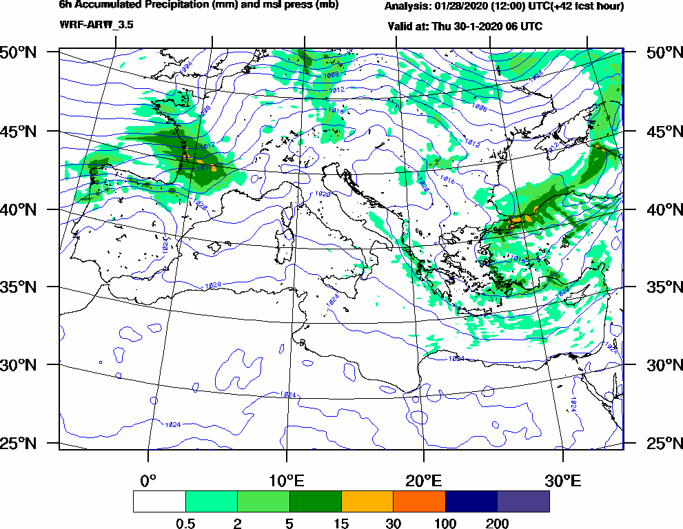 6h Accumulated Precipitation (mm) and msl press (mb) - 2020-01-30 00:00
