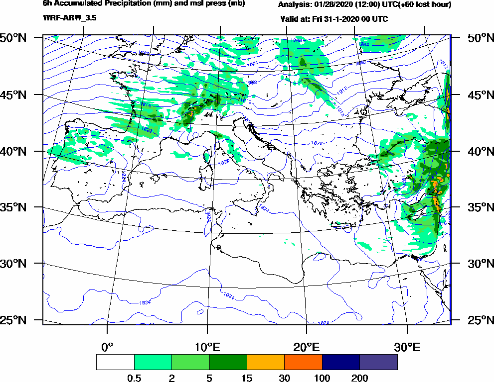 6h Accumulated Precipitation (mm) and msl press (mb) - 2020-01-30 18:00