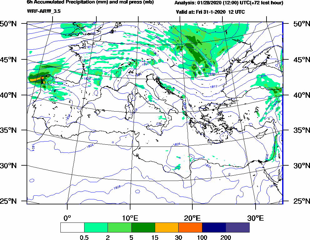 6h Accumulated Precipitation (mm) and msl press (mb) - 2020-01-31 06:00