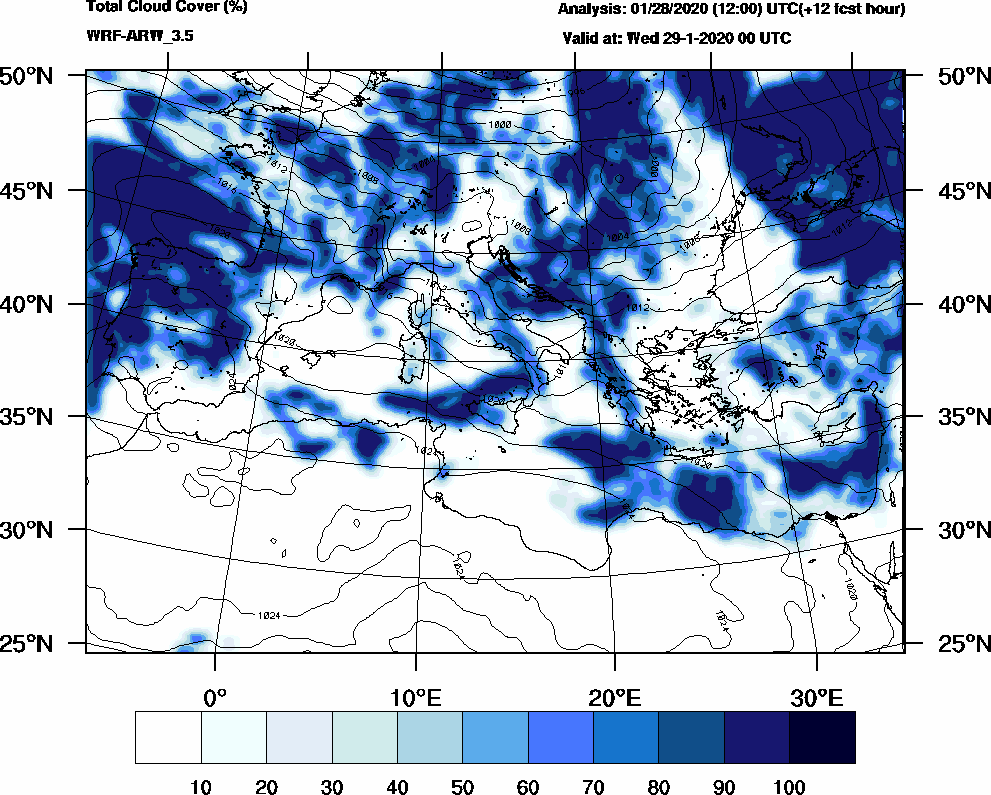 Total cloud cover (%) - 2020-01-28 18:00