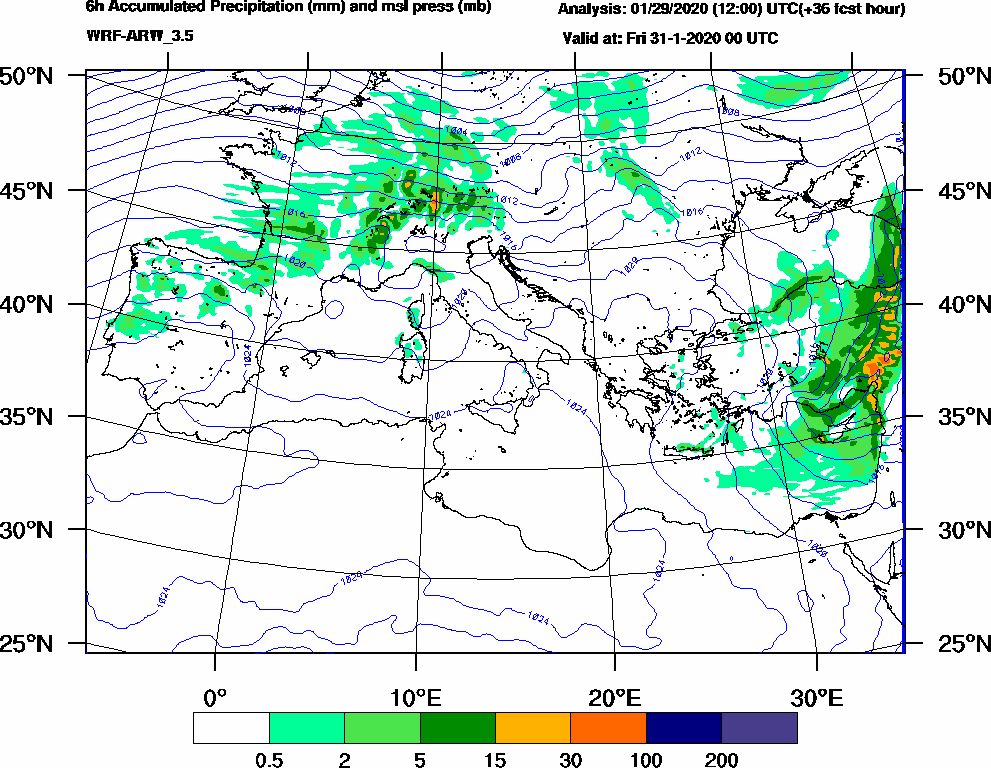 6h Accumulated Precipitation (mm) and msl press (mb) - 2020-01-30 18:00