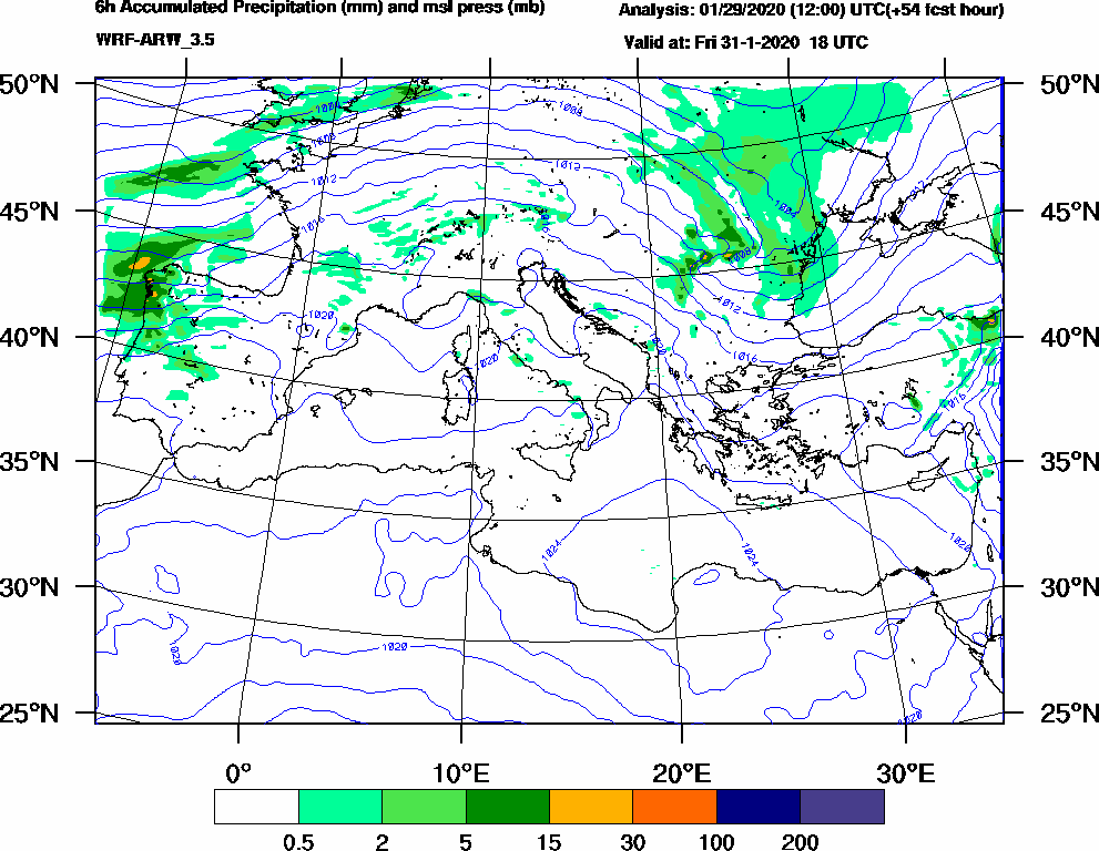 6h Accumulated Precipitation (mm) and msl press (mb) - 2020-01-31 12:00