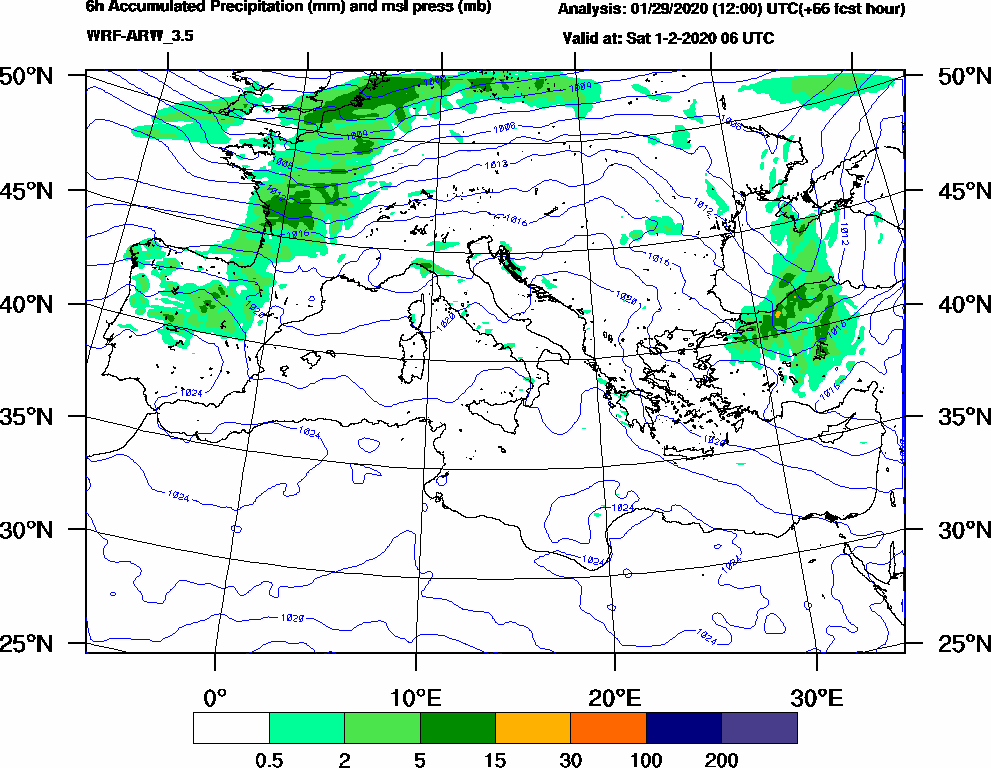 6h Accumulated Precipitation (mm) and msl press (mb) - 2020-02-01 00:00