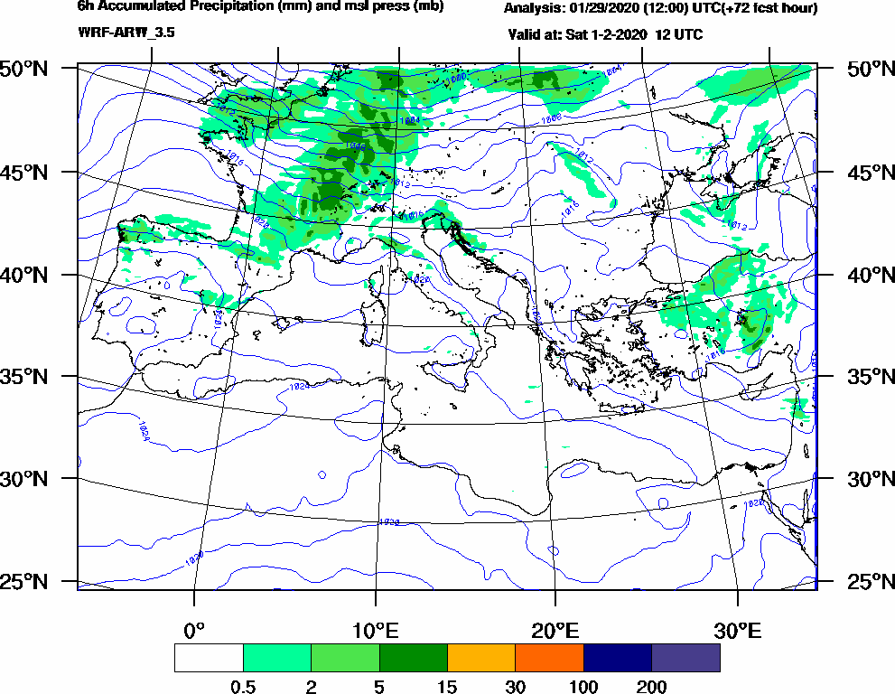 6h Accumulated Precipitation (mm) and msl press (mb) - 2020-02-01 06:00
