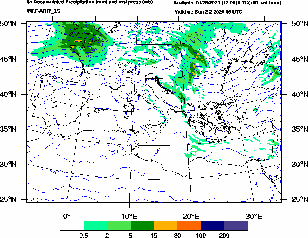6h Accumulated Precipitation (mm) and msl press (mb) - 2020-02-02 00:00