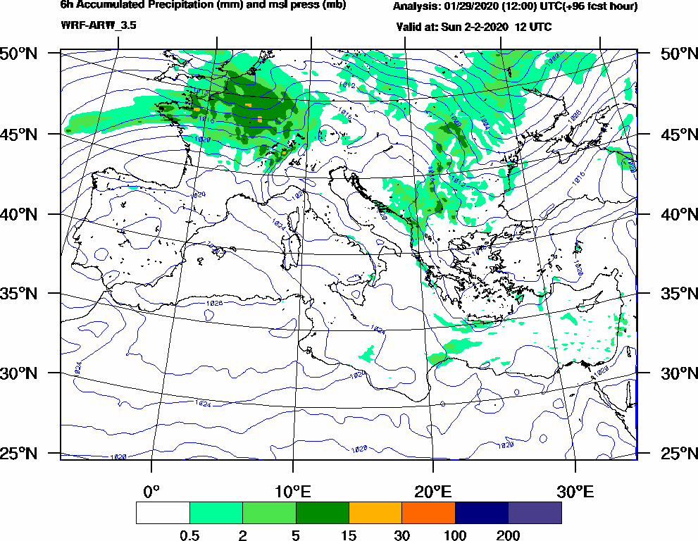 6h Accumulated Precipitation (mm) and msl press (mb) - 2020-02-02 06:00