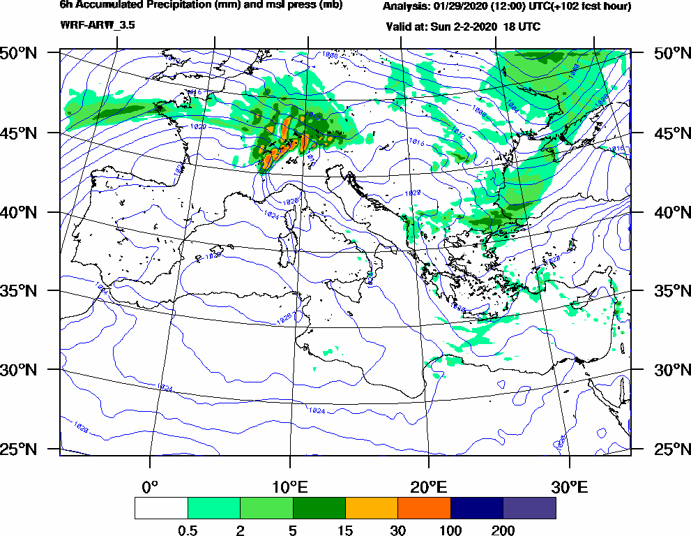 6h Accumulated Precipitation (mm) and msl press (mb) - 2020-02-02 12:00