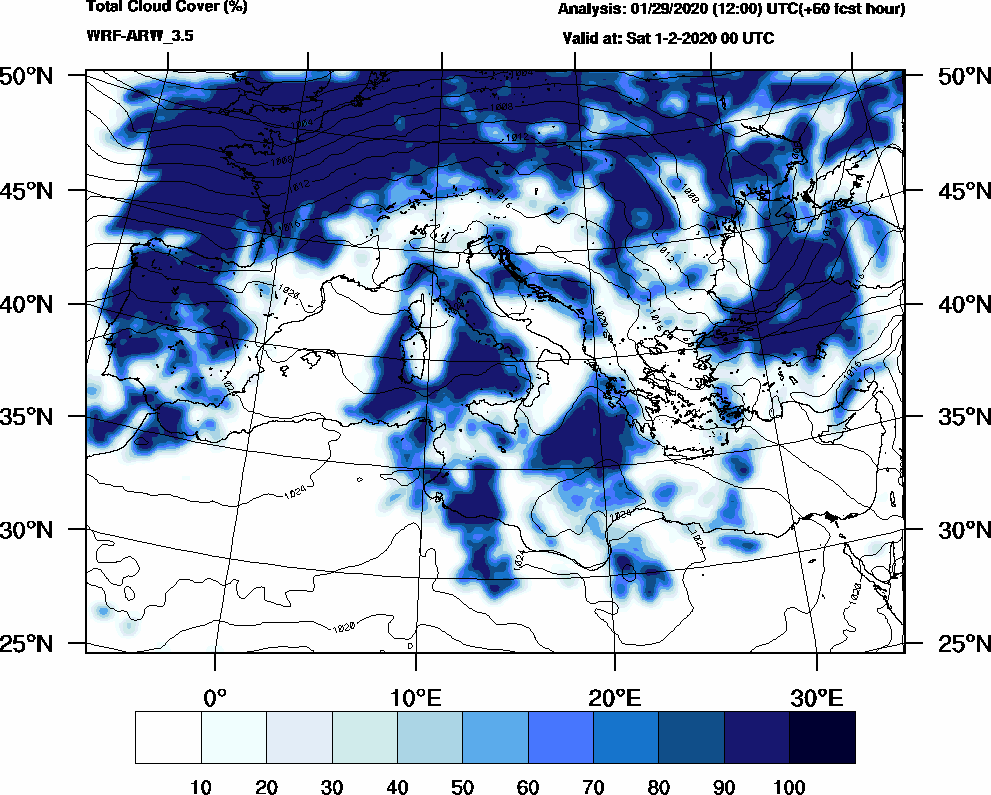 Total cloud cover (%) - 2020-01-31 18:00