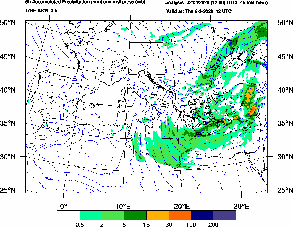 6h Accumulated Precipitation (mm) and msl press (mb) - 2020-02-06 06:00