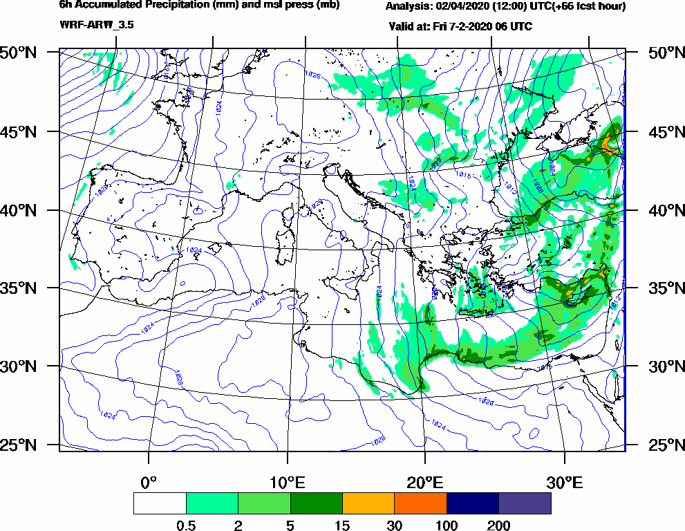6h Accumulated Precipitation (mm) and msl press (mb) - 2020-02-07 00:00