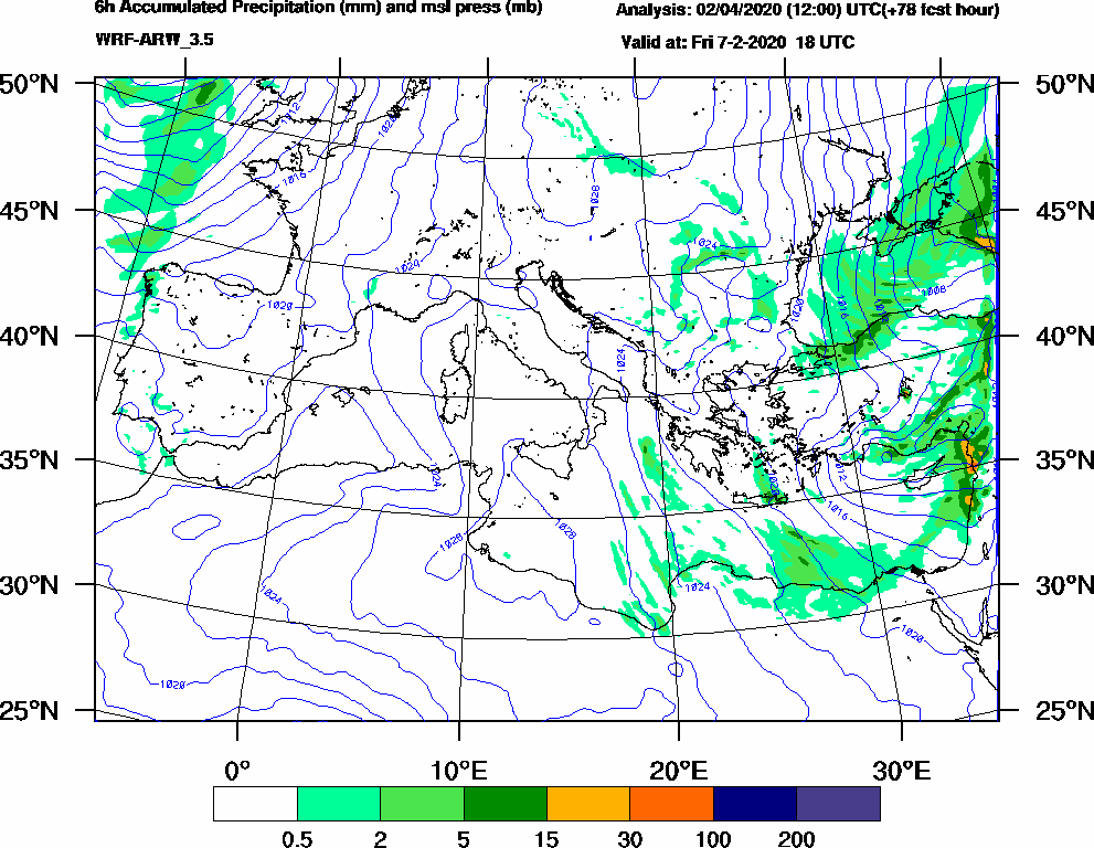6h Accumulated Precipitation (mm) and msl press (mb) - 2020-02-07 12:00