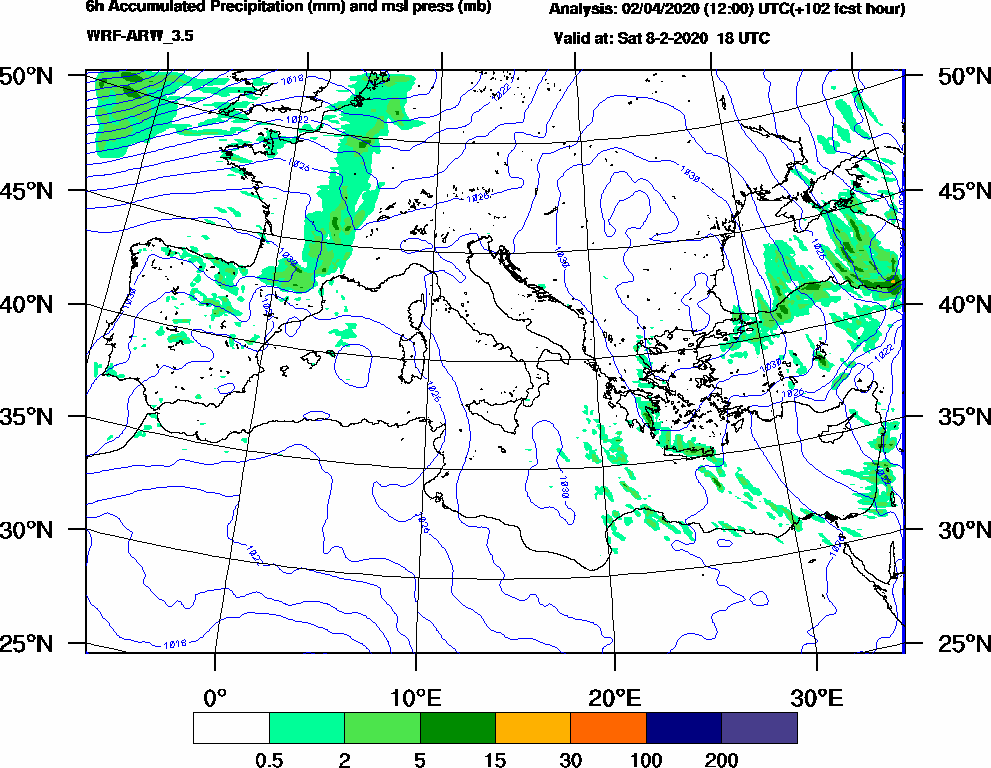 6h Accumulated Precipitation (mm) and msl press (mb) - 2020-02-08 12:00
