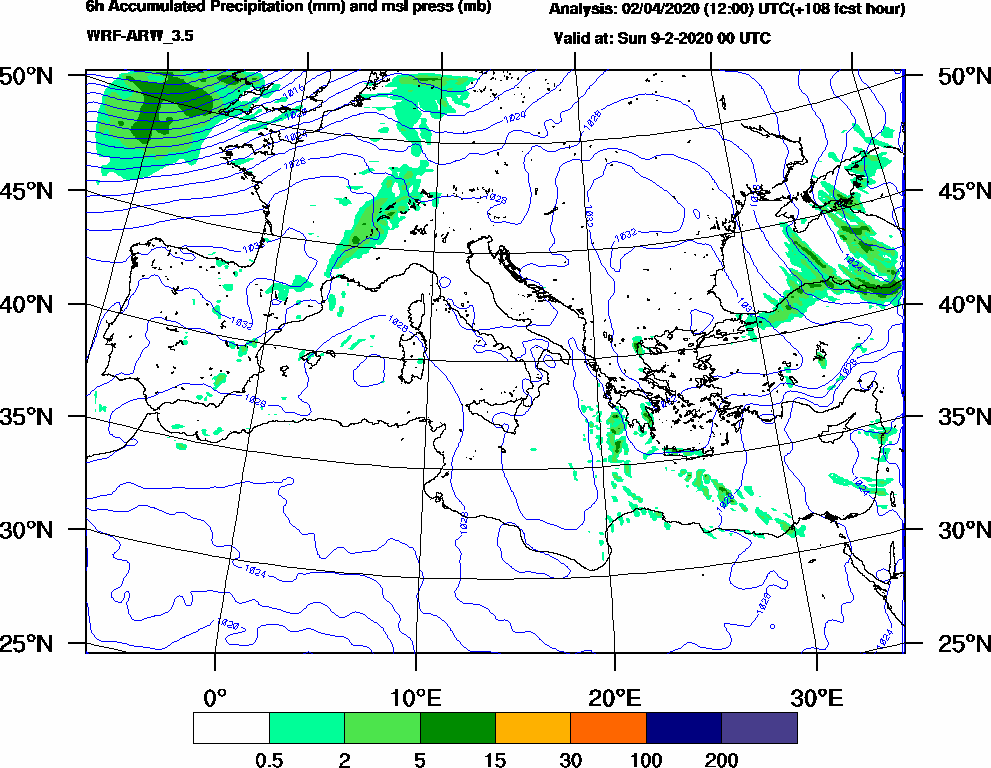 6h Accumulated Precipitation (mm) and msl press (mb) - 2020-02-08 18:00