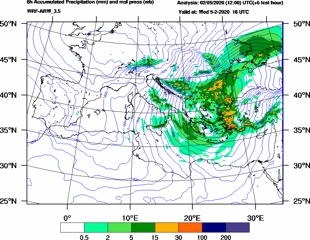 6h Accumulated Precipitation (mm) and msl press (mb) - 2020-02-05 12:00