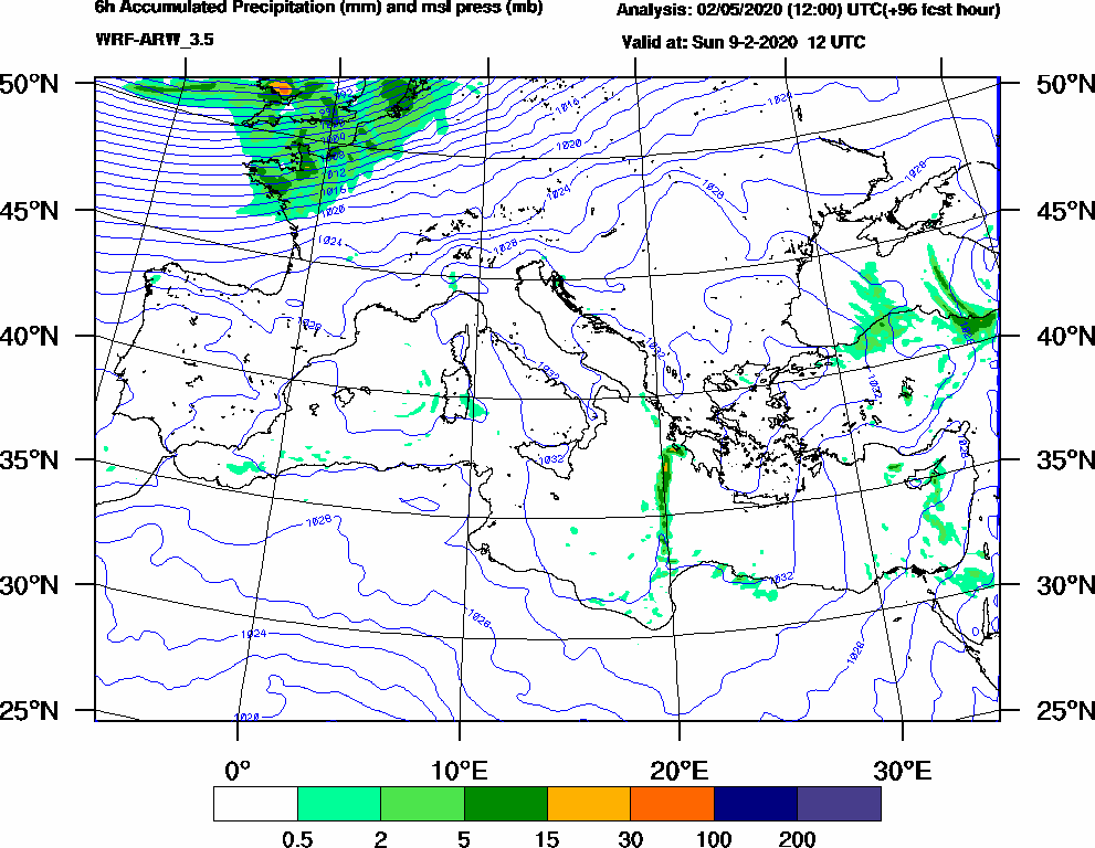 6h Accumulated Precipitation (mm) and msl press (mb) - 2020-02-09 06:00