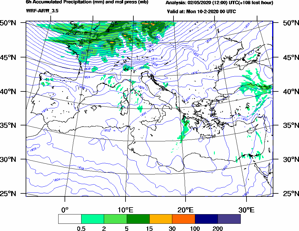 6h Accumulated Precipitation (mm) and msl press (mb) - 2020-02-09 18:00