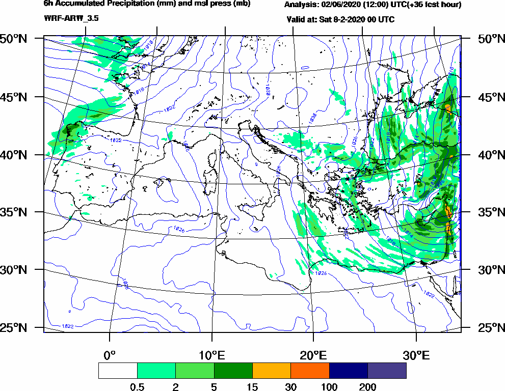 6h Accumulated Precipitation (mm) and msl press (mb) - 2020-02-07 18:00