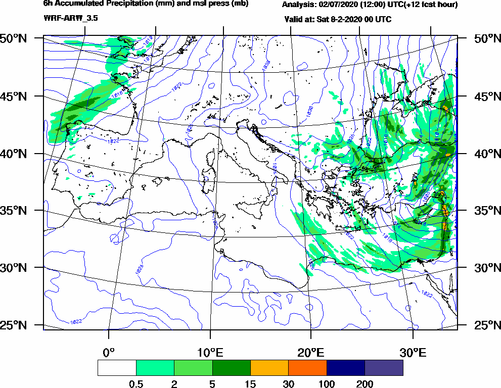 6h Accumulated Precipitation (mm) and msl press (mb) - 2020-02-07 18:00
