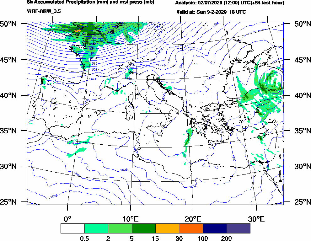 6h Accumulated Precipitation (mm) and msl press (mb) - 2020-02-09 12:00