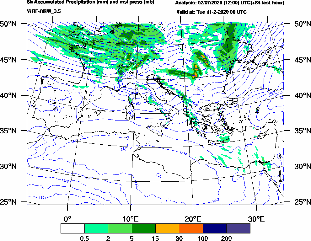 6h Accumulated Precipitation (mm) and msl press (mb) - 2020-02-10 18:00