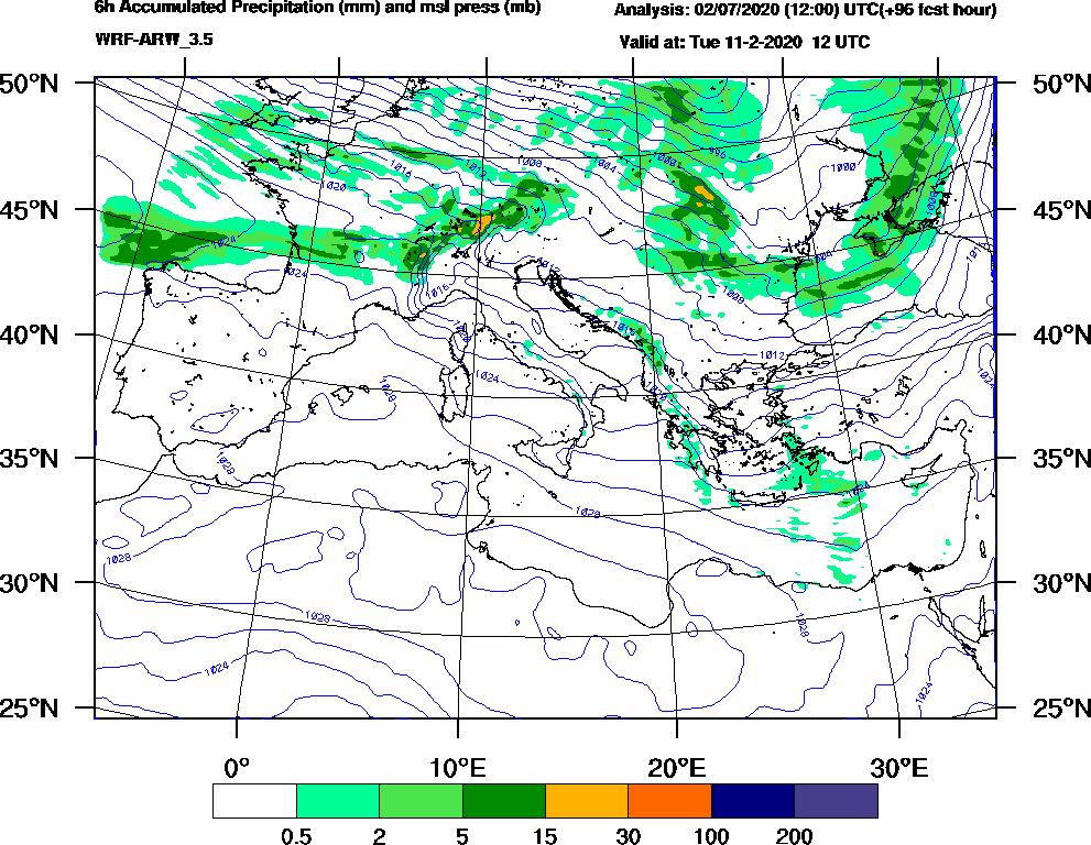 6h Accumulated Precipitation (mm) and msl press (mb) - 2020-02-11 06:00