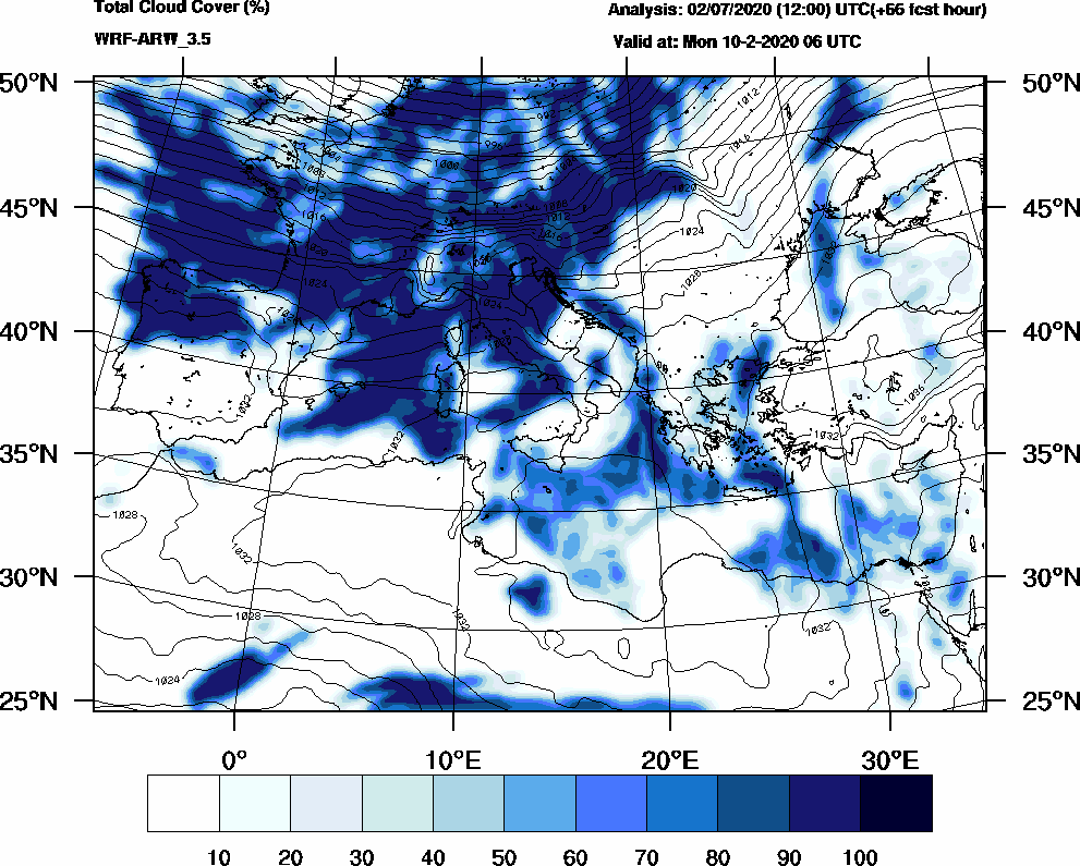 Total cloud cover (%) - 2020-02-10 00:00