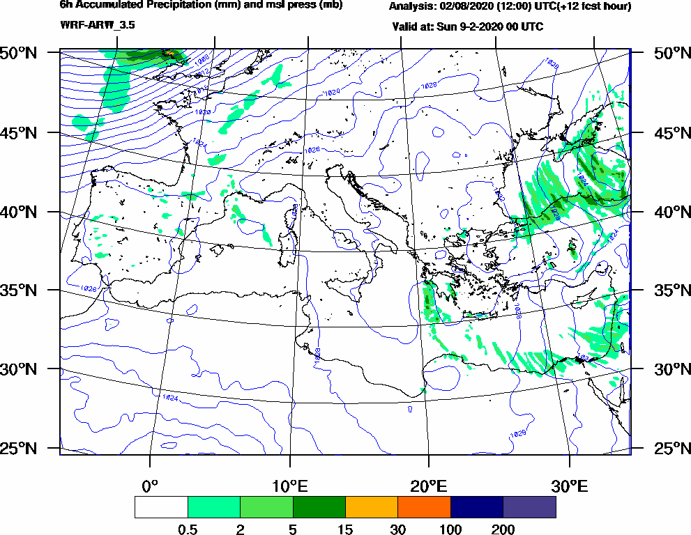 6h Accumulated Precipitation (mm) and msl press (mb) - 2020-02-08 18:00