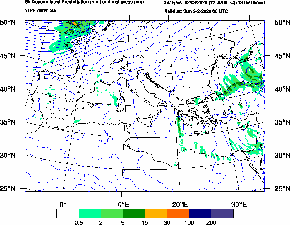 6h Accumulated Precipitation (mm) and msl press (mb) - 2020-02-09 00:00
