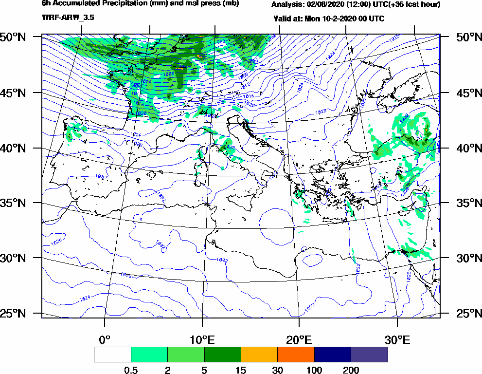 6h Accumulated Precipitation (mm) and msl press (mb) - 2020-02-09 18:00