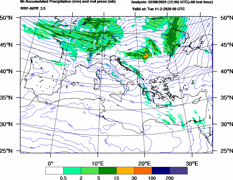 6h Accumulated Precipitation (mm) and msl press (mb) - 2020-02-10 18:00