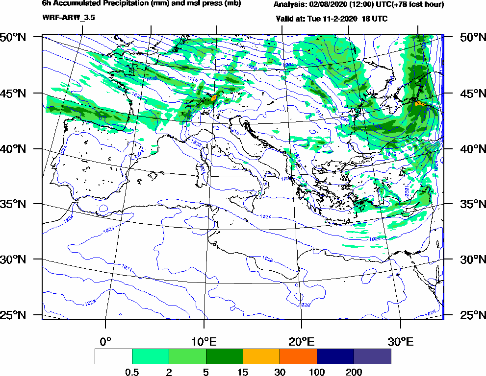 6h Accumulated Precipitation (mm) and msl press (mb) - 2020-02-11 12:00