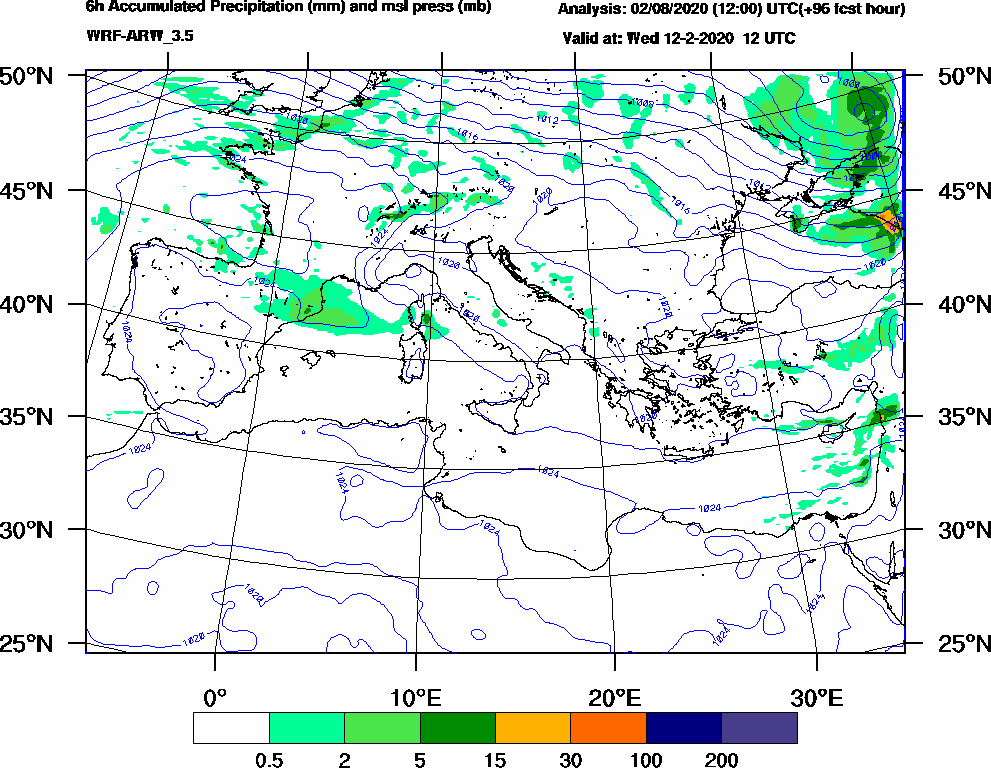 6h Accumulated Precipitation (mm) and msl press (mb) - 2020-02-12 06:00
