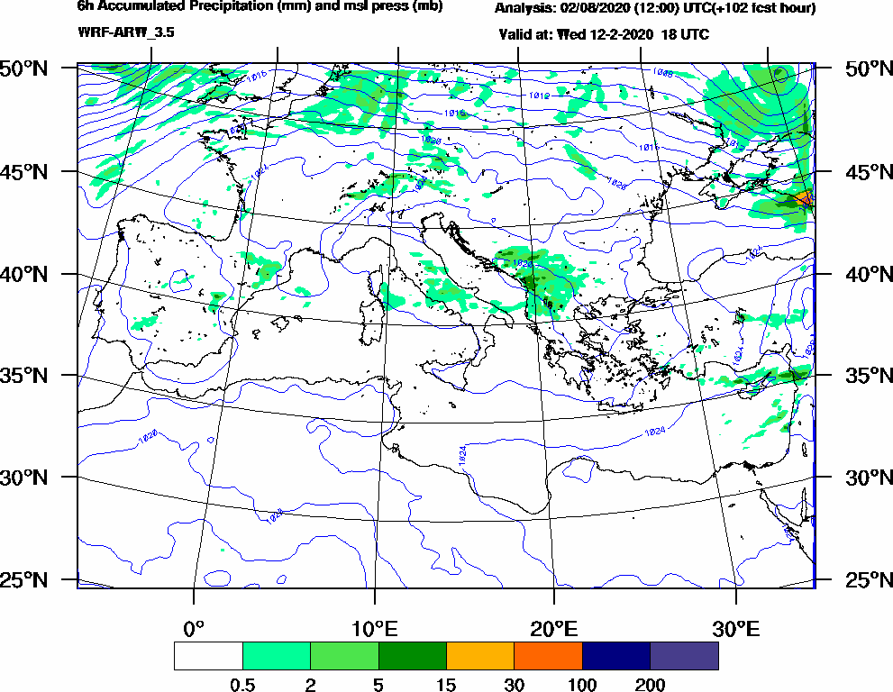 6h Accumulated Precipitation (mm) and msl press (mb) - 2020-02-12 12:00